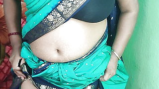 Indian Kinky Mommy Striping In Green Sharee And Demonstrating Her Poon Close Up